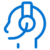 Blue line drawing of a person’s head wearing a headset with a microphone, suggesting customer support or communication services, on a light gray background.