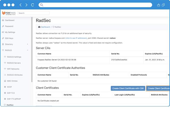 A computer screen displays the RadSec settings page in the Foxpass dashboard, showing server and client certificate details, including common names, serial numbers, and expiration dates. Navigation options are visible on the left.
