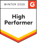 A badge with Winter 2026 at the top and the G2 logo. Below, bold text reads High Performer on a white background with yellow, orange, and red stripes at the bottom edge.