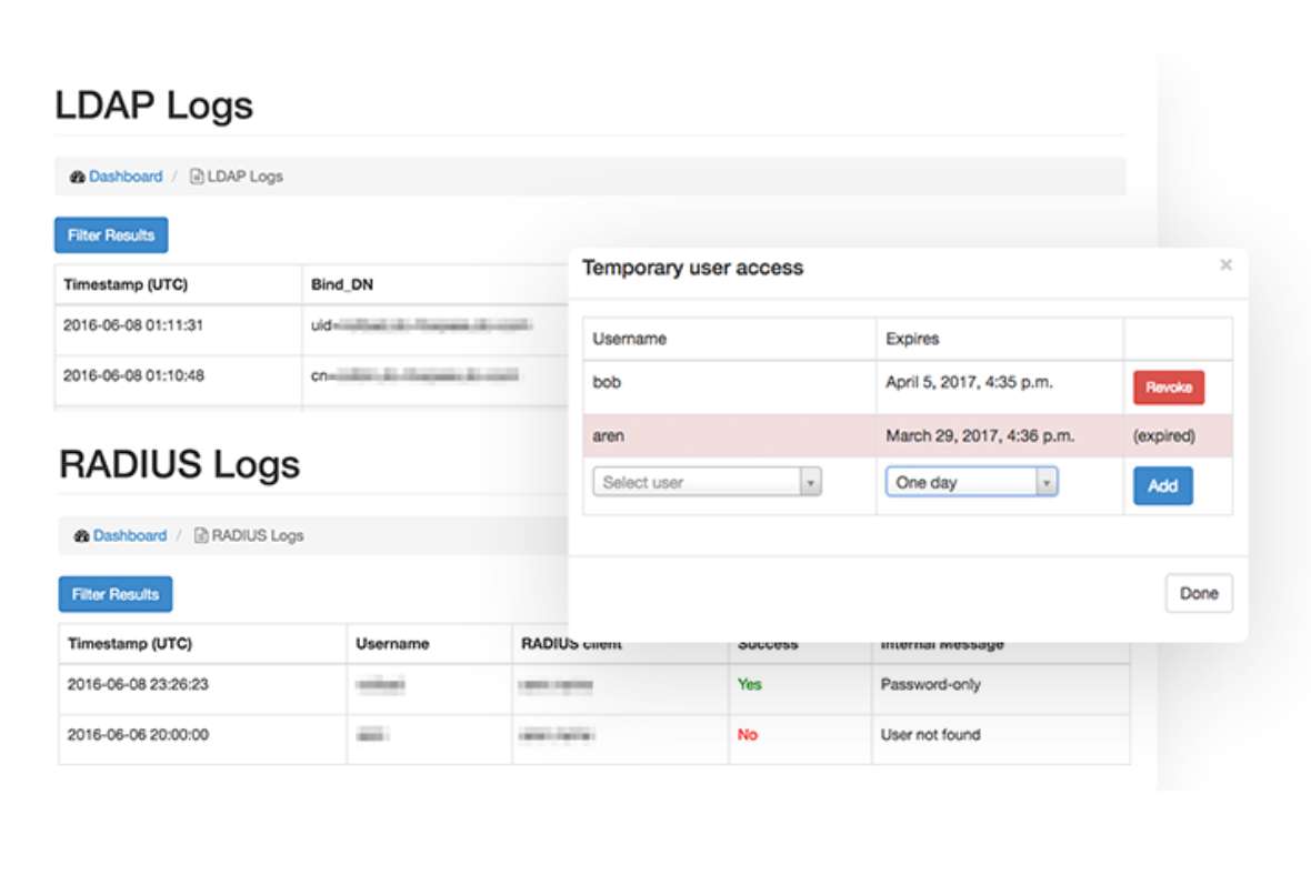 Screenshot showing web interface with LDAP and RADIUS logs, and a pop-up window titled Temporary user access listing usernames, expiry dates, and buttons to add or revoke user access.