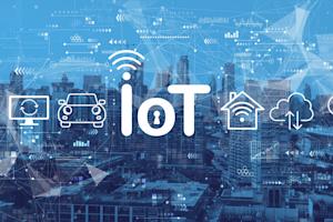 IoT security concept with interconnected smart devices against a city skyline background with digital network elements.