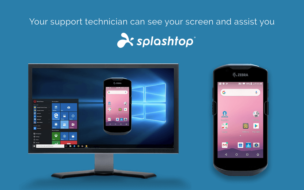Splashtop interface showing a computer monitor and a Zebra mobile device