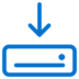 Blue icon of a downward arrow pointing toward a horizontal rectangle with a circle on the right, symbolizing downloading or saving to a drive.