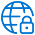 A blue outline of a globe with a padlock in front, symbolizing internet security or online privacy.