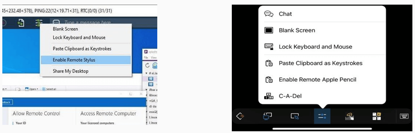 Two side-by-side screenshots show remote desktop menus. The left menu includes “Enable Remote Stylus,” while the right menu on a tablet interface includes “Enable Remote Apple Pencil,” with similar other control options listed.