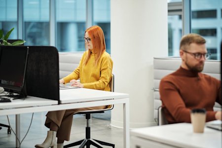 Workers in an office on their computers.