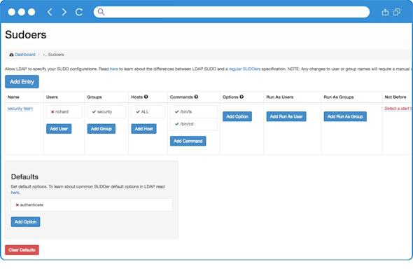 A web interface for managing SUDOers settings displays options to add entries, groups, hosts, commands, and defaults, with tables listing security/team, users, groups, hosts, commands, and run as settings.