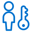 Blue icon of a person standing next to a large key on a light background, symbolizing user access or account security.