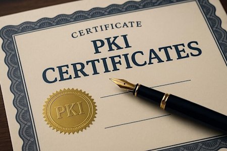 A close-up of a PKI certificate document with a gold seal labeled PKI and a black fountain pen resting on it. The certificate has a decorative blue border.