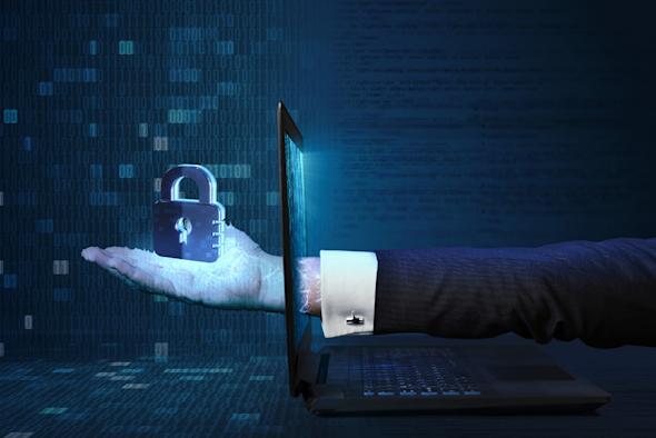 A hand holding a safety lock reaches through a tablet into the zero trust security space.