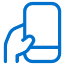 Simple blue outline icon of a hand holding a smartphone upright, with a light gray background.