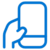 Simple blue outline icon of a hand holding a smartphone upright, with a light gray background.