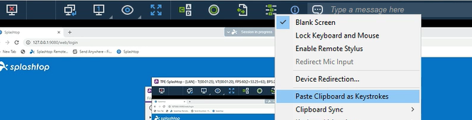 The Splashtop toolbar with the Paste Clipboard as Keystrokes option highlighted.