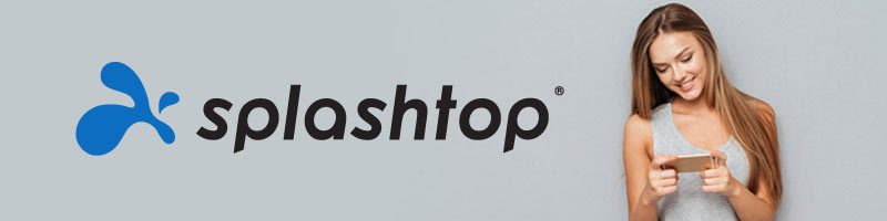 A woman smiles while looking at her phone, standing next to the Splashtop logo, which features a blue abstract design and the word splashtop in black text on a light gray background.