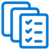 A blue icon of three overlapping documents, with the front document displaying a checklist with three checkmarks and three lines.
