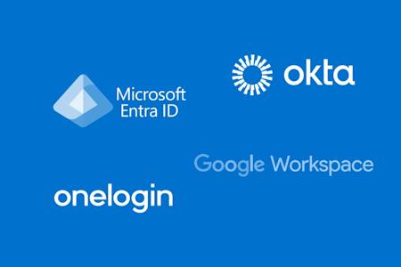 Blue background with logos and names of Microsoft Entra ID, Okta, Google Workspace, and OneLogin, representing different identity and access management platforms.