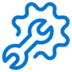Blue outline drawing of a wrench over a splatter-like shape, suggesting maintenance, repair, or technical support, on a light background.