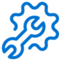 Blue outline drawing of a wrench over a splatter-like shape, suggesting maintenance, repair, or technical support, on a light background.