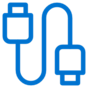 Blue icon of a USB cable with two connectors, one on each end, depicted on a light gray background.