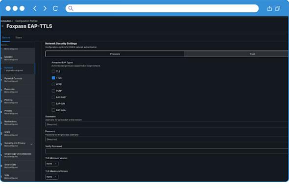 A computer screen displays the Foxpass EAP-TTLS configuration page, showing network security settings with options for accepted EAP types, username, password, and verification fields. The interface has a dark theme.