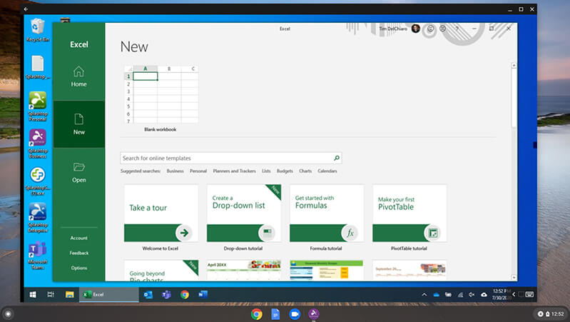 A Windows-style Excel application is open on a Chromebook desktop. The screen shows the Excel start menu with template options. The Chrome OS shelf with various app icons is visible at the bottom.