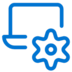 Blue outline icon of a laptop with a gear in front, symbolizing computer settings or configuration. The background is light gray.