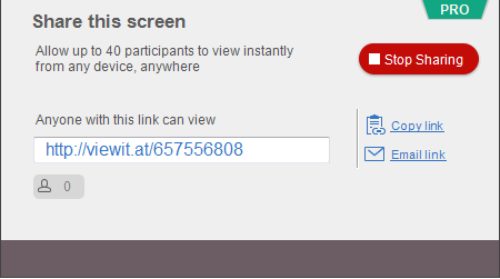 Splashtop interface for sharing a screen, allowing up to 40 participants to view