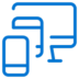 Blue line art icon showing a smartphone, tablet, and desktop monitor overlapping, representing responsive or multi-device compatibility on a light gray background.