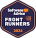 A hexagonal badge with an orange outline reads Software Advice Front Runners 2024 in white and orange text on a dark blue background, with a speech bubble and dotted grid graphic.