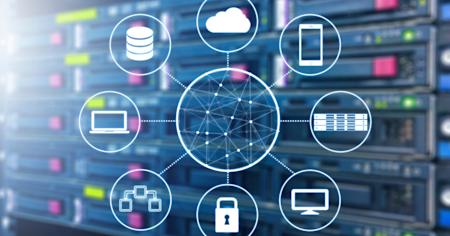 Data recovery and backup concept visualized with interconnected icons representing cloud storage, servers, security, and devices against a data center background.