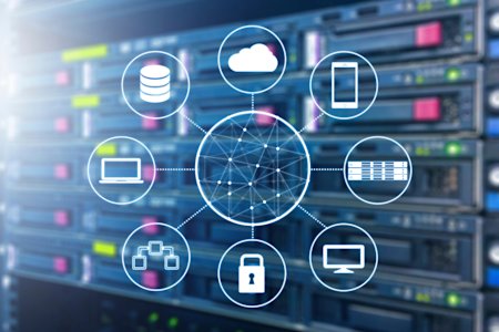 Data recovery and backup concept visualized with interconnected icons representing cloud storage, servers, security, and devices against a data center background.