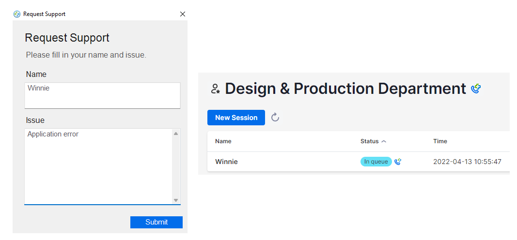 Splashtop Request Support interface with fields for name and issue description on the left