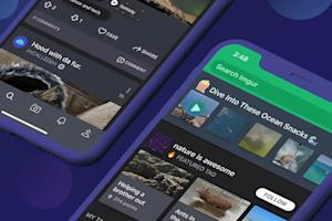 Two smartphones display the Imgur app, showing image posts, search bars, and various tags like “nature is awesome.” The screens feature photo thumbnails, comments, and navigation icons, all against a dark-themed interface.