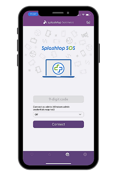 A smartphone screen displays the Splashtop SOS app interface, showing a text box for a 9-digit code, a toggle to connect as admin, and a purple Connect button, with tech icons in the background.