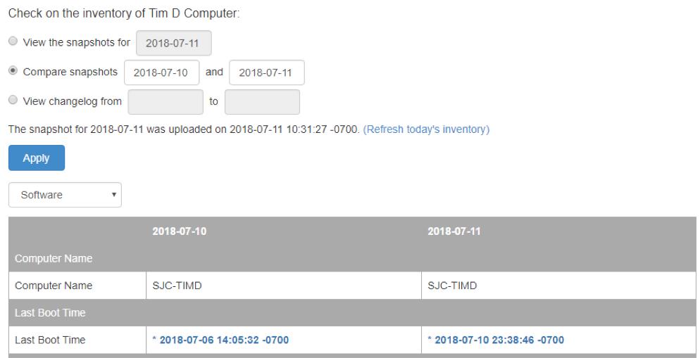 Snapshots from different dates and a comparison of computer details and last boot times between