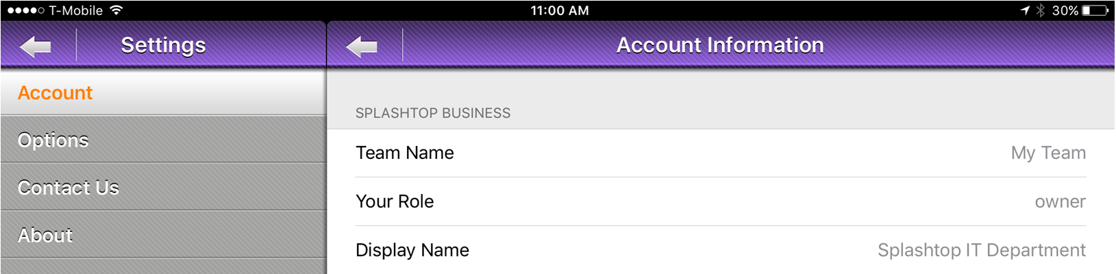 Splashtop Business settings screen showing account information with options for Account