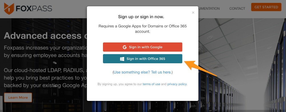 Screenshot of Foxpass's sign in with Office 365 feature