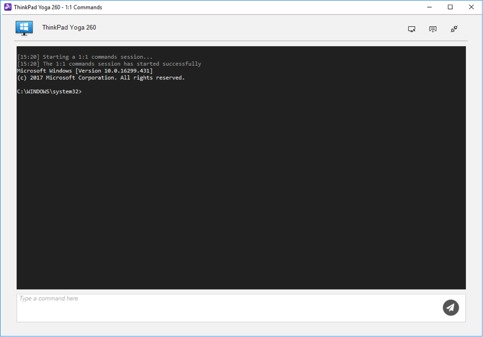 Splashtop interface displaying a command prompt session for a ThinkPad Yoga 260