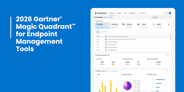A blue background with white text reading 2026 Gartner Magic Quadrant for Endpoint Management Tools next to a screenshot of a software dashboard showing charts, graphs, and statistics.