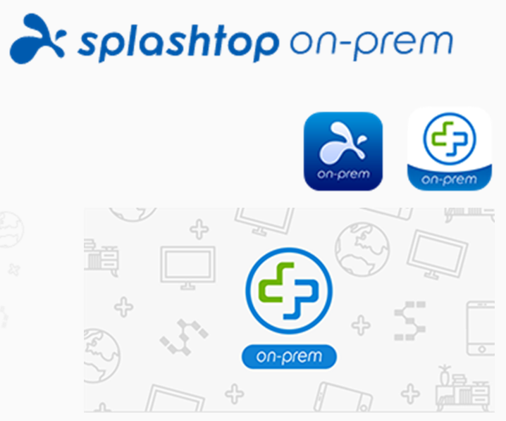 Splashtop On-Prem logos in blue and green, with icons and the text “on-prem.” Background shows faint outlines of computers, globes, and tech symbols.