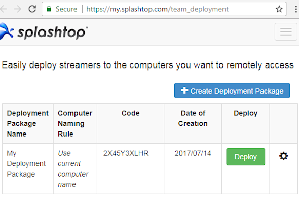 A screenshot of the Splashtop team deployment page showing deployment package options, including a button labeled Create Deployment Package and a table listing a package with a deploy button.