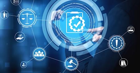 Digital illustration of NIST compliance with icons for security, law, and checklists on a touchscreen interface.