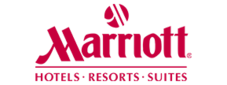 Marriott logo in red text with a stylized “M” above the word “Marriott,” and the words “Hotels Resorts Suites” below. The background is light gray.