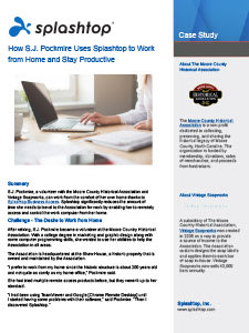 A case study document titled How S.J. Pockrnie Uses Splashtop to Work from Home and Stay Productive, featuring a photo of a person typing on a laptop at a desk, and information about the Moore County Historical Association.