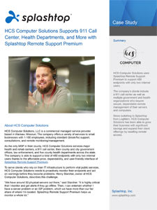 A one-page case study features the Splashtop logo, a headset-wearing man smiling at a computer, and text about HCS Computer Solutions using Splashtop for 911 call center and health department remote support.