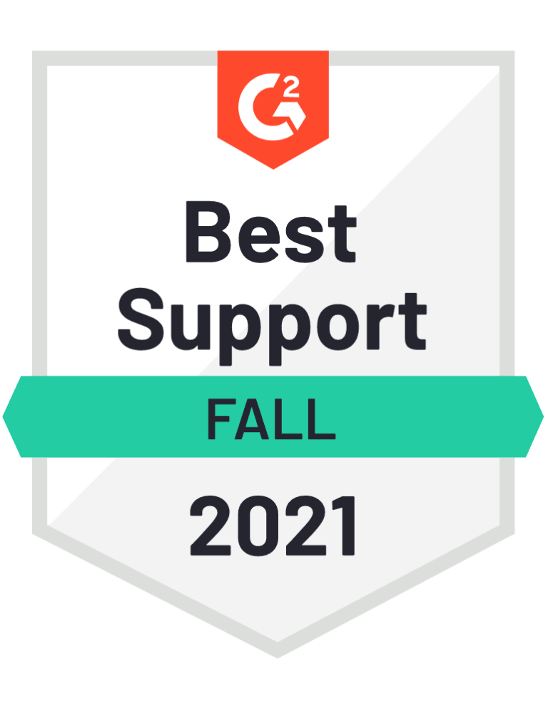 A badge with the G2 logo at the top, displaying the text Best Support FALL 2021 on a shield-shaped background.