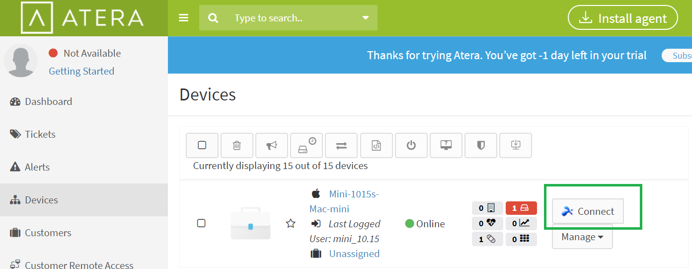 A screenshot of the ATERA platform shows the Devices page, listing a Mac mini device. A green box highlights the blue Connect button next to the device status and details.