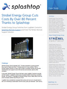 A case study document for Splashtop featuring Strobel Energy Group, with a blue and white color scheme, company logos, a summary sidebar, and a photo of an industrial facility at night.