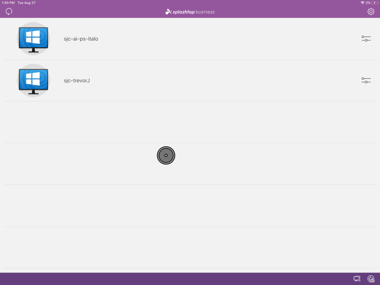 A screenshot of the Splashtop Business app shows two computers listed, each with a blue monitor icon, named sjc-ai-ps-italo and sjc-trevorJ, on a white background with a purple header.