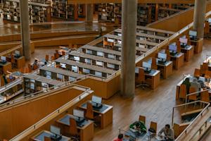 A university library with rows of computers.